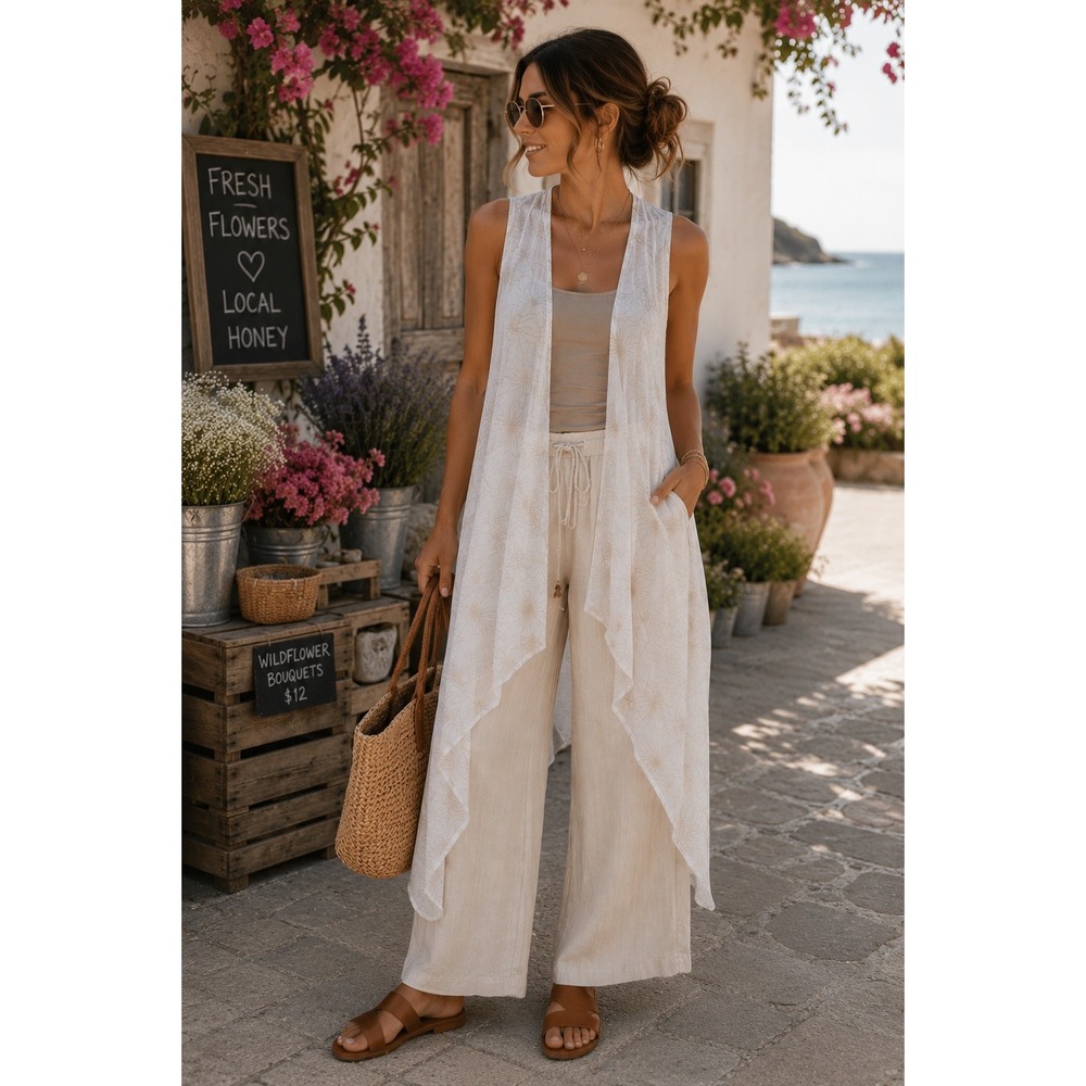 Arianna by Howard's White Floral Sheer Sleeveless Handkerchief Hem Long Vest OS